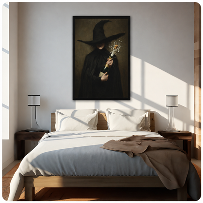  Witch champagne canvas wall art above a bed, depicting a dark witch opening a sparkling bottle in warm light