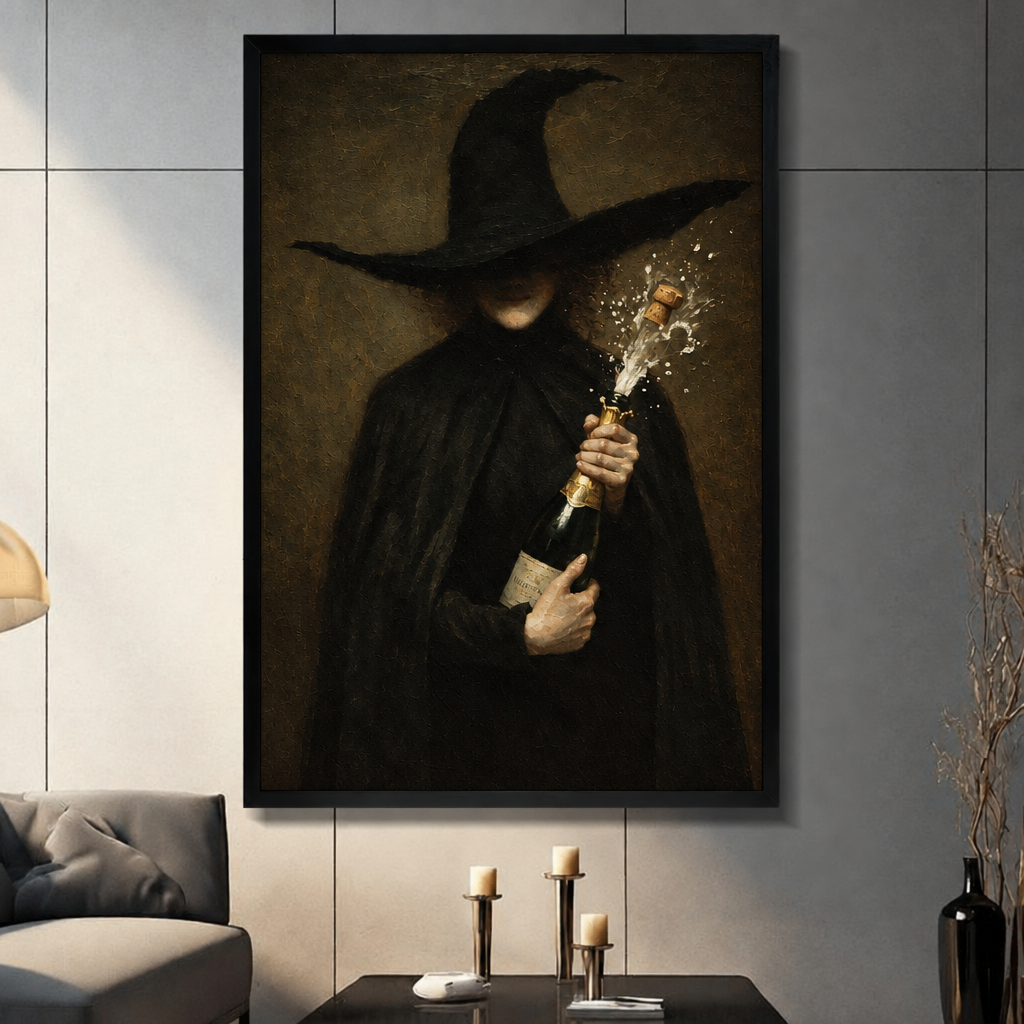 Witch champagne canvas wall art featuring a shadowy figure in a pointed hat opening a sparkling bottle in a living room