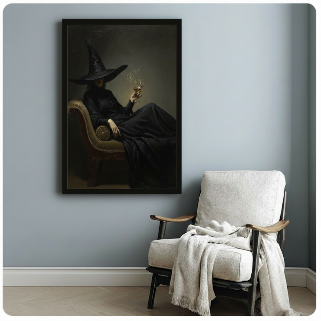 Witch cocktail canvas wall art showing a shadowy witch in a pointed hat holding a glowing drink above a white armchair