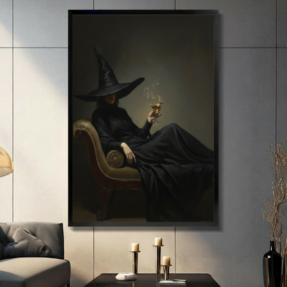 Witch cocktail canvas wall art close-up showing a pointed-hat witch seated in a vintage chair with a drink