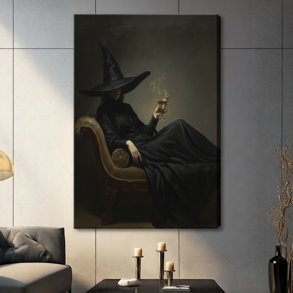  Witch cocktail canvas wall art displayed in a living room with candle decor and a dark vintage atmosphere

