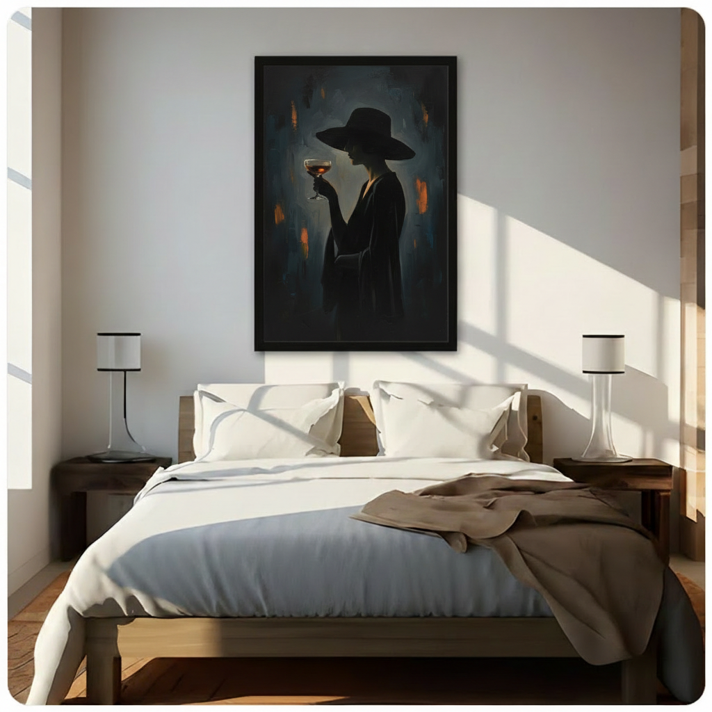 Witch wall art featuring a hat-wearing figure with a cocktail displayed above a neatly made bed in a bright bedroom.