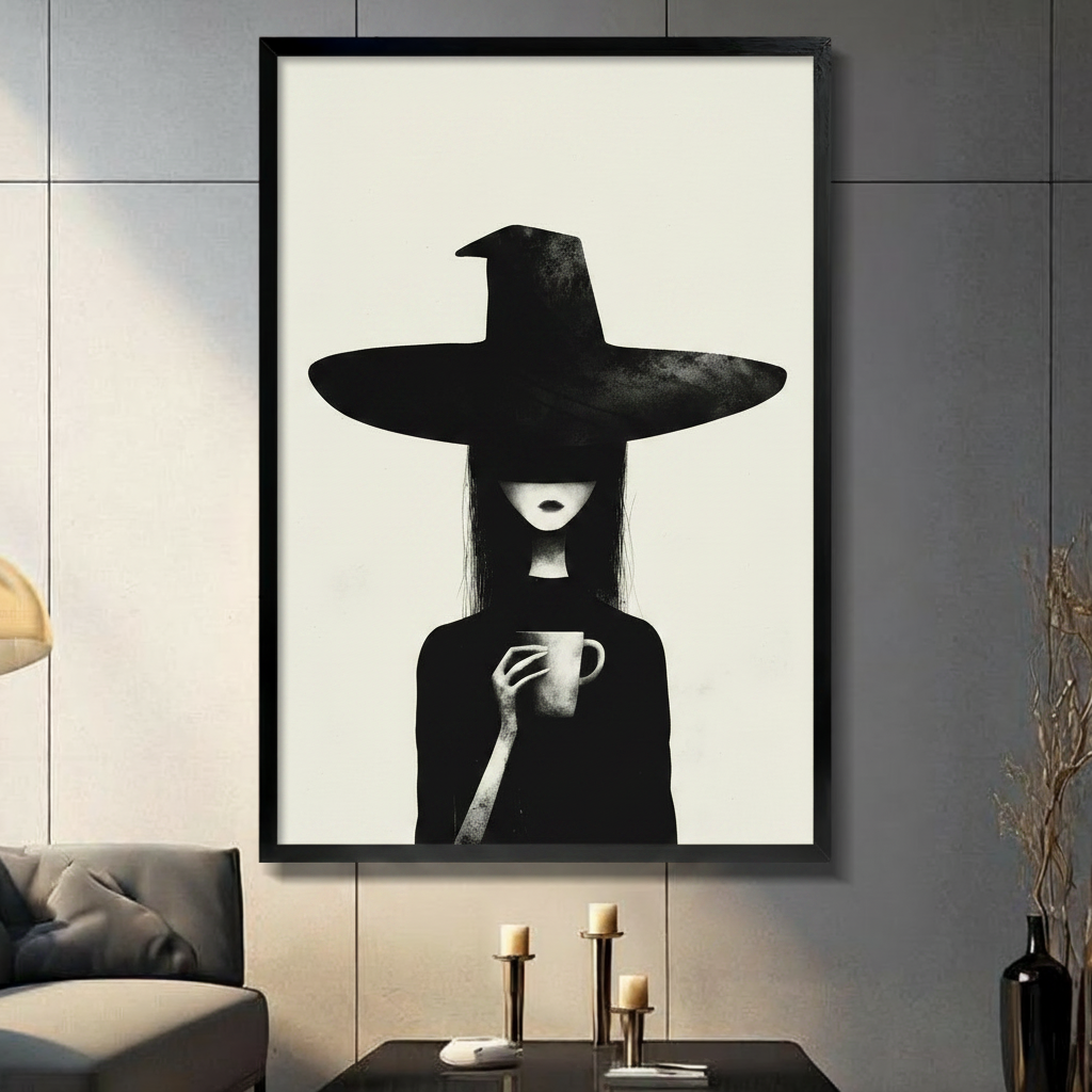 Framed minimalist witch with coffee cup black and white canvas print hung on grey wall in modern living room