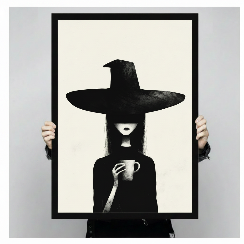 Hand-held framed minimalist witch with coffee cup black and white canvas print showing black frame and size reference