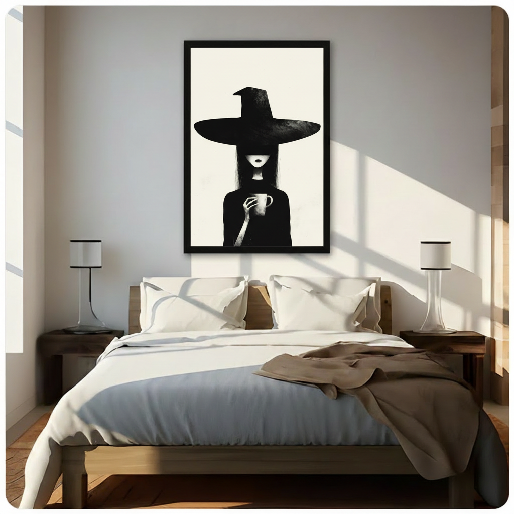 Minimalist witch holding coffee cup framed canvas art hung above bed in bright Scandinavian style bedroom