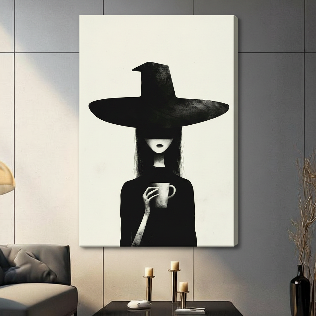 Gallery wrapped witch with coffee cup minimalist black and white canvas art displayed in contemporary grey living room