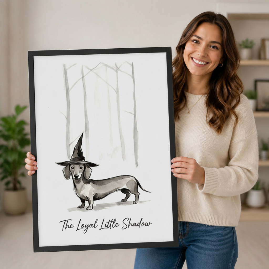 Woman holding framed dachshund witch hat canvas art — premium dog wall print gift idea