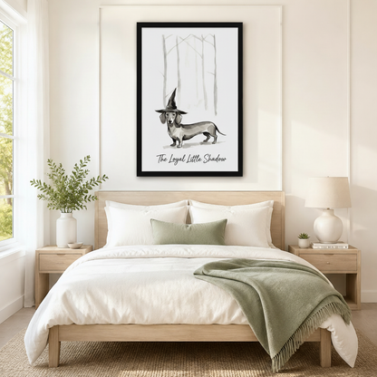 Loyal Little Shadow dachshund canvas art above bed — black framed dog print for bedroom decor