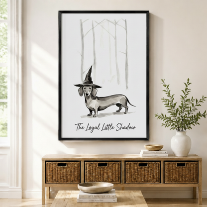 Witch hat dachshund framed canvas wall art displayed in modern American entryway — whimsical dog print