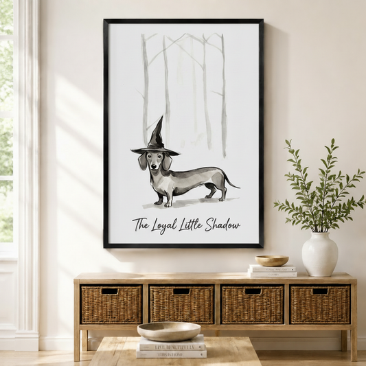Witch hat dachshund framed canvas wall art displayed in modern American entryway — whimsical dog print