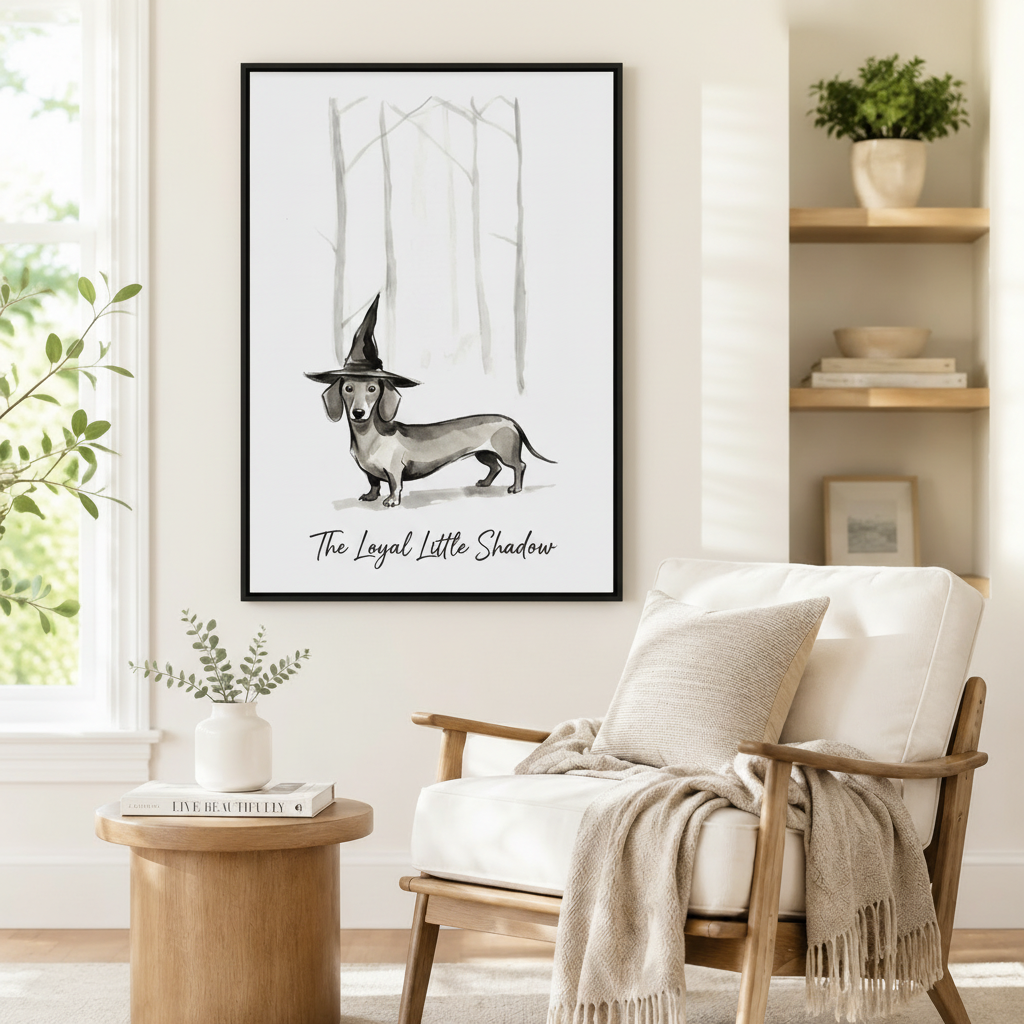 Whimsical dachshund witch hat canvas print in black frame — Halloween dog art for reading room