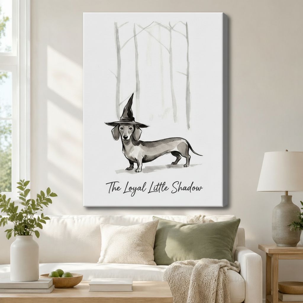 Loyal Little Shadow dachshund stretched canvas art in cozy living room — gallery wrap dog wall decor