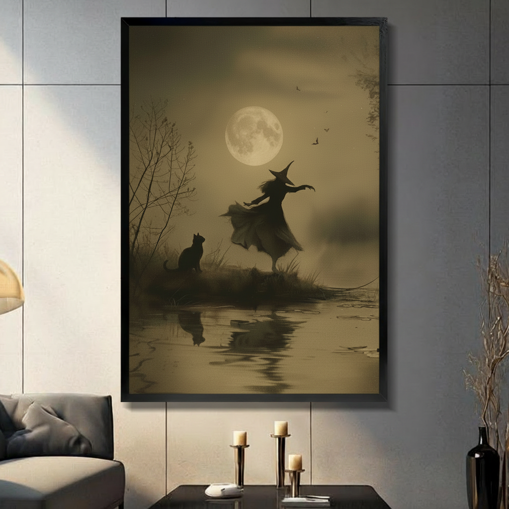 Framed gothic wall art print of a witch dancing by moonlight with a black cat, displayed in a moody living room with candle holders