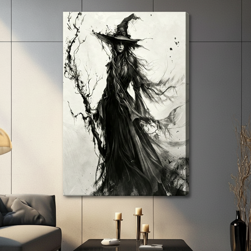 Dark gothic ink wash illustration of a standing witch in a flowing black dress and oversized pointed hat her long hair blown sideways beside a twisted bare dead tree with fine branch detail and ink droplets scattered throughout with ghostly bat shapes emerging from the draped skirt on a pale white background with subtle gray ink mist atmospheric gothic witch wall art stretched canvas in a living room with dark gray panel wall dark sofa and black vase