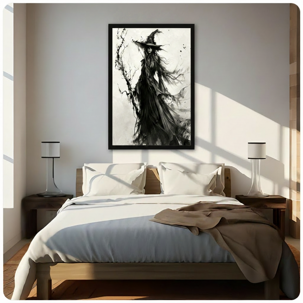 Dark gothic ink wash and watercolor illustration of a full-standing witch in a dramatic black gown with an extra-wide brimmed pointed hat and long wind-tossed hair positioned beside a gnarled bare tree with richly detailed twisting branches ink splatter and shadowy bat silhouettes dissolving into the skirt against a minimal white background with pale gray mist washes striking gothic witch wall art framed print above a bedroom with white linen bedding dark wood bed frame and white table lamps
