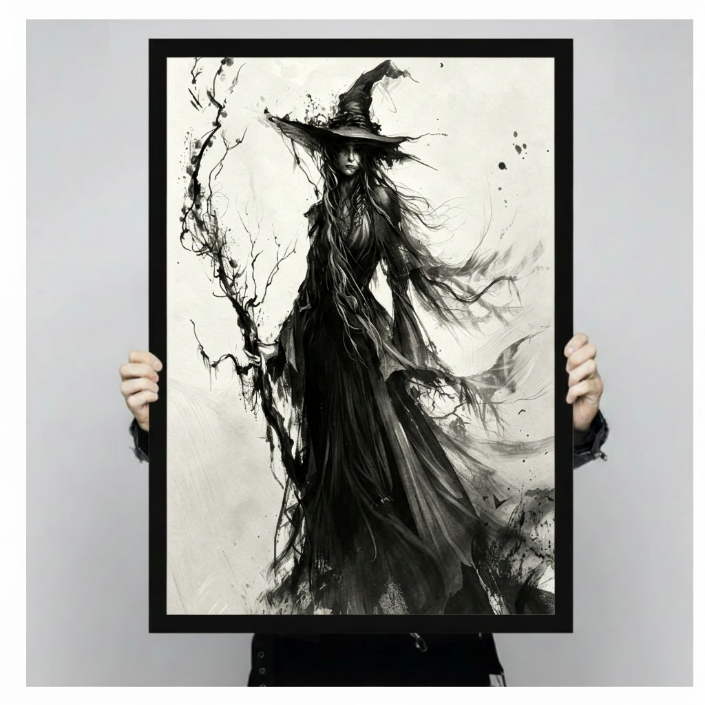 Dark gothic ink wash and watercolor illustration of a front-facing witch in a long black windswept gown and wide pointed hat with flowing dark hair standing beside a gnarled leafless tree rendered in detailed ink with splatter marks and faint bat silhouettes hidden in the skirt folds against a white background with delicate gray wash fog moody gothic witch wall art framed print held against a light gray background
