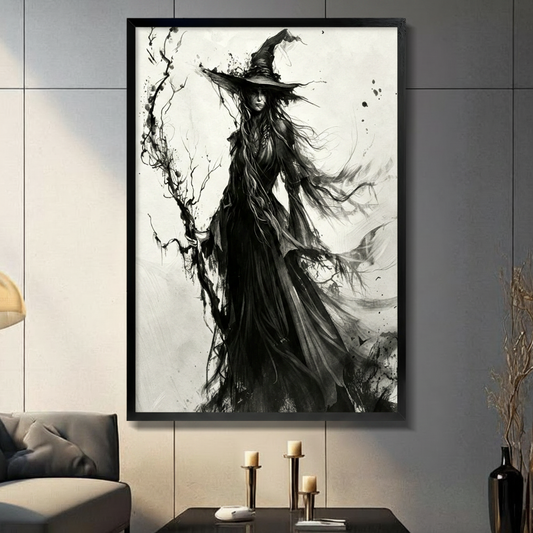 Dark gothic ink wash and watercolor illustration of a full-body witch standing face-forward in a sweeping black gown and wide-brimmed pointed hat with long windswept hair leaning beside a gnarled dead tree with intricate bare branches and scattered ink splatter with faint bat silhouettes in the billowing skirt against a predominantly white background with soft gray ink wash mist dramatic gothic witch wall art framed print in a living room with dark gray panel wall dark sofa and black vase