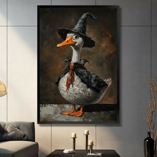 Whimsical witch duck framed canvas wall art displayed against a modern tiled wall with warm, moody character.