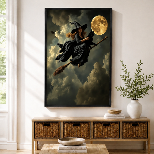 Framed canvas print of a red-haired witch in a black hat flying on a broomstick with a black cat under a golden full moon against dramatic storm clouds, displayed above a rattan console in a bright entryway