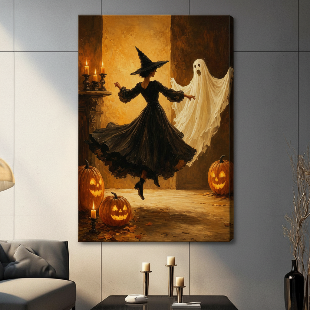Gallery wrap stretched canvas of a swirling black-dressed witch with a tall pointed hat dancing alongside a floating white ghost surrounded by three glowing carved pumpkins scattered fall leaves and tall black candlesticks Halloween vintage oil painting in rich golden amber tones hung frameless on a gray wall