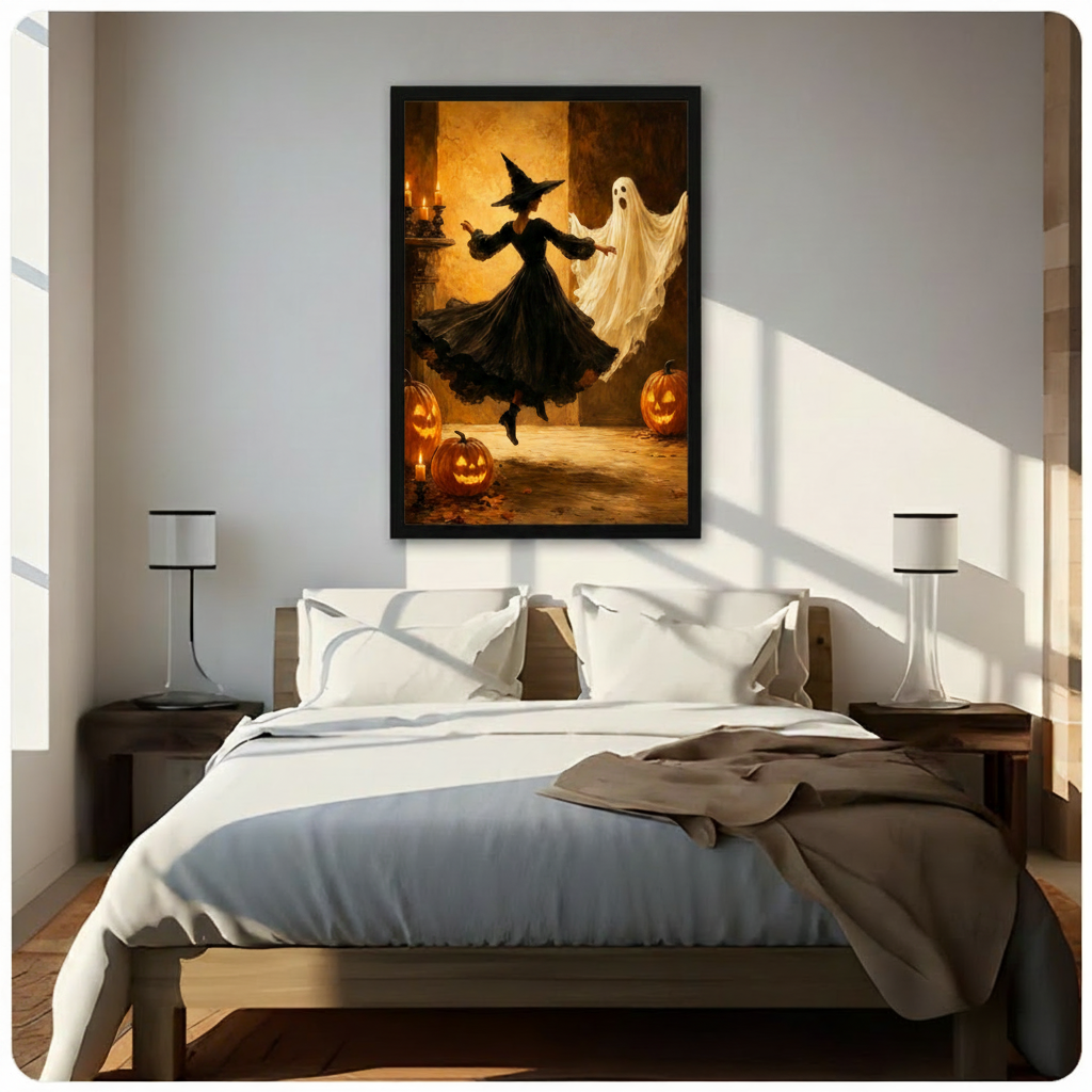 Black framed Halloween vintage witch in a swirling black dress and tall pointed hat dancing with a floating white ghost beside glowing jack-o-lanterns gothic oil painting canvas wall art in warm amber tones hung in bright diagonal sunlight above a dark wood bed with white linen bedding and matching nightstands