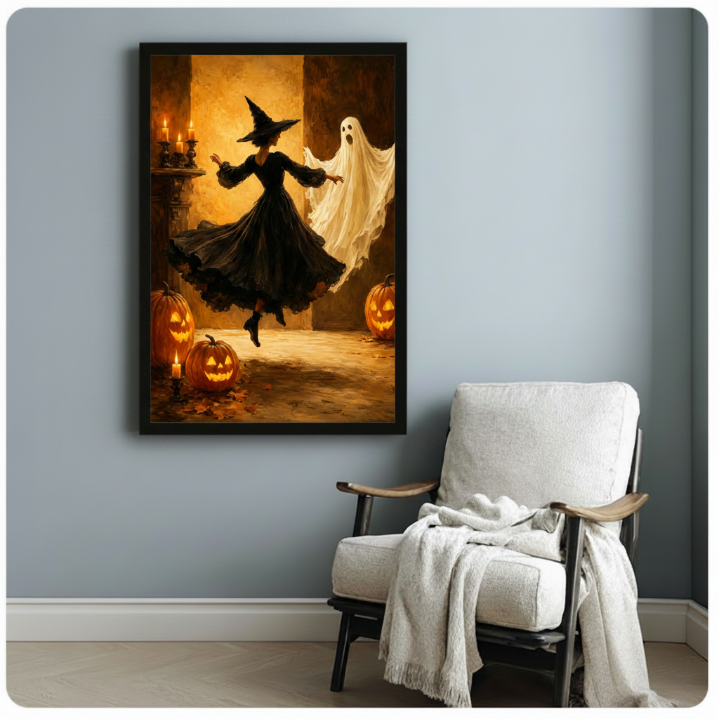 Black framed atmospheric Halloween witch and ghost dancing together in a candlelit room with glowing jack-o-lanterns and fallen autumn leaves gothic vintage oil painting canvas print in warm golden brown tones hung on a soft blue-gray wall beside a white linen wood armchair with a draped cream throw
