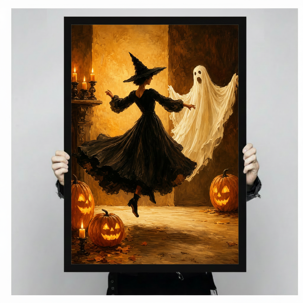 Two gloved hands holding a large black framed Halloween vintage witch in a billowing black dress and pointed hat twirling with a white ghost beside glowing pumpkins and black candelabra gothic oil painting canvas art print in warm amber tones, front-facing vertical product size display