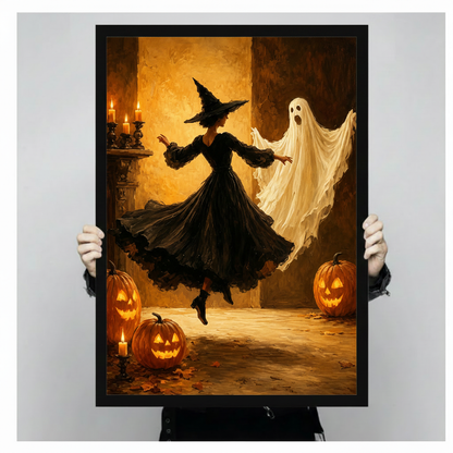 Two gloved hands holding a large black framed Halloween vintage witch in a billowing black dress and pointed hat twirling with a white ghost beside glowing pumpkins and black candelabra gothic oil painting canvas art print in warm amber tones, front-facing vertical product size display