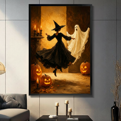 Black framed Halloween vintage witch in a flowing black dress and pointed hat dancing with a white ghost beside glowing jack-o-lanterns and autumn leaves with black candelabra gothic oil painting canvas wall art in warm amber tones displayed in a modern gray living room with dark sofa and metal candlesticks