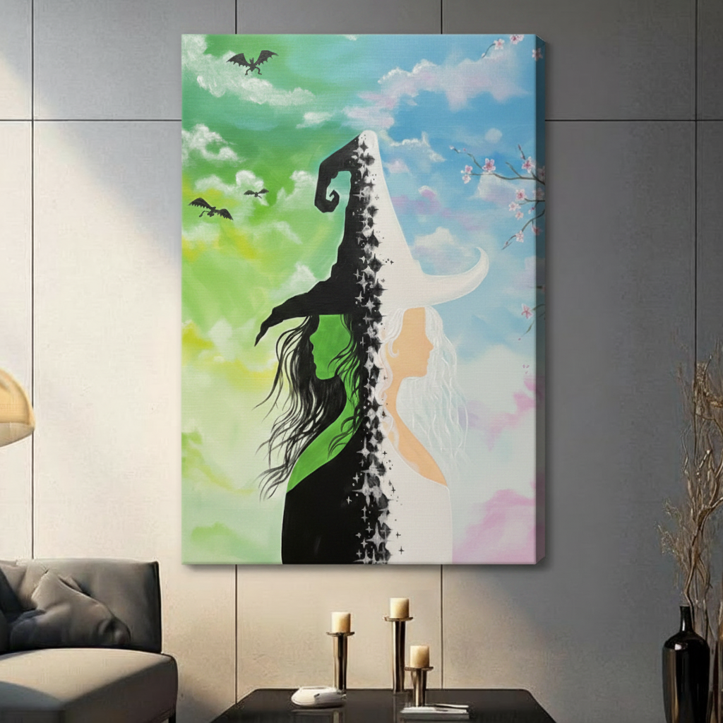 Magical split composition illustration of a dark witch silhouette in a dramatic curled pointed hat with windswept hair and black dragons soaring in a lush green atmospheric sky on the left contrasted with a luminous white horned goddess figure with flowing white hair beneath pink cherry blossoms and a pastel blue sky on the right separated by a glittering star cascade stretched canvas wall art print hanging in a contemporary living room with dark gray tiled wall