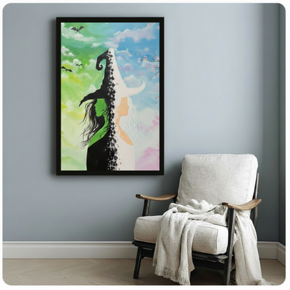 Enchanting fantasy duality wall art depicting a black silhouette witch with a tall twisted hat long flowing hair and reaching arm amid green mist and dark flying dragons on the left half and a glowing white goddess with bull horns and ethereal white hair surrounded by pink sakura blossoms and soft blue clouds on the right half with a sparkling diamond star dividing line framed art poster displayed beside a white fabric lounge chair with draped throw blanket against a soft blue-gray wall