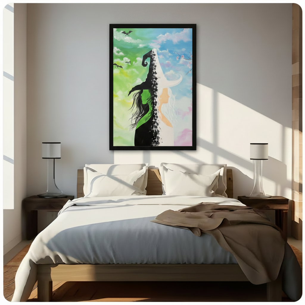 Mystical fantasy duality illustration split between a dramatic black witch silhouette wearing a tall curled pointed hat with long windswept hair and black dragons flying through a vivid green cloudy sky on the left and a peaceful white horned goddess with flowing white hair and pink cherry blossom branches against a soft blue and pink pastel sky on the right connected by a vertical cascade of sparkling four-pointed stars framed wall art print hanging above a modern bedroom bed with white linen bedding, dark