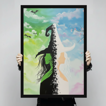 Striking fantasy duality art print showing a bold black witch silhouette with a curling pointed hat wild flowing hair and extended arm set against a vivid emerald green sky with black dragons in flight on the left and a serene white goddess silhouette with crescent horns and long white hair beneath pink cherry blossom branches and a dreamy pastel blue sky on the right with a shimmering star-light dividing line framed wall art print held up for size reference against a light gray neutral background