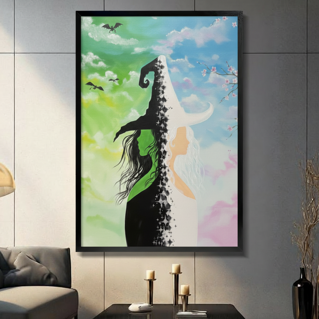 Fantasy duality art print split between a black silhouette of a witch with a tall curling pointed hat flowing dark hair and outstretched arm against a vivid green cloudy sky with black flying dragons on the left and a white ethereal goddess silhouette with curved horns and long white hair against a soft pink and blue sky with cherry blossom branches on the right divided by a sparkling star-studded center line framed wall art print displayed in a living room with dark gray sofa, pillar candle holders, and bl