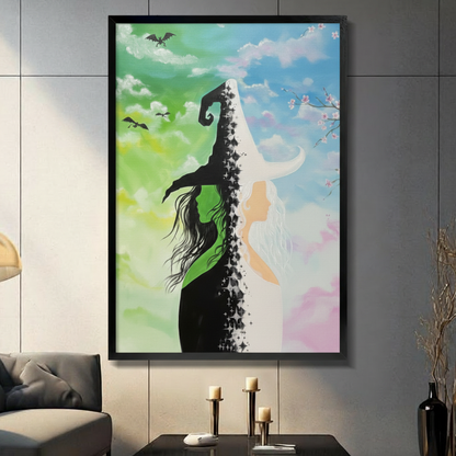Fantasy duality art print split between a black silhouette of a witch with a tall curling pointed hat flowing dark hair and outstretched arm against a vivid green cloudy sky with black flying dragons on the left and a white ethereal goddess silhouette with curved horns and long white hair against a soft pink and blue sky with cherry blossom branches on the right divided by a sparkling star-studded center line framed wall art print displayed in a living room with dark gray sofa, pillar candle holders, and bl