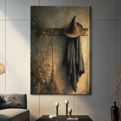 Witch hat canvas wall art above a white armchair with a soft throw in a calm modern interior