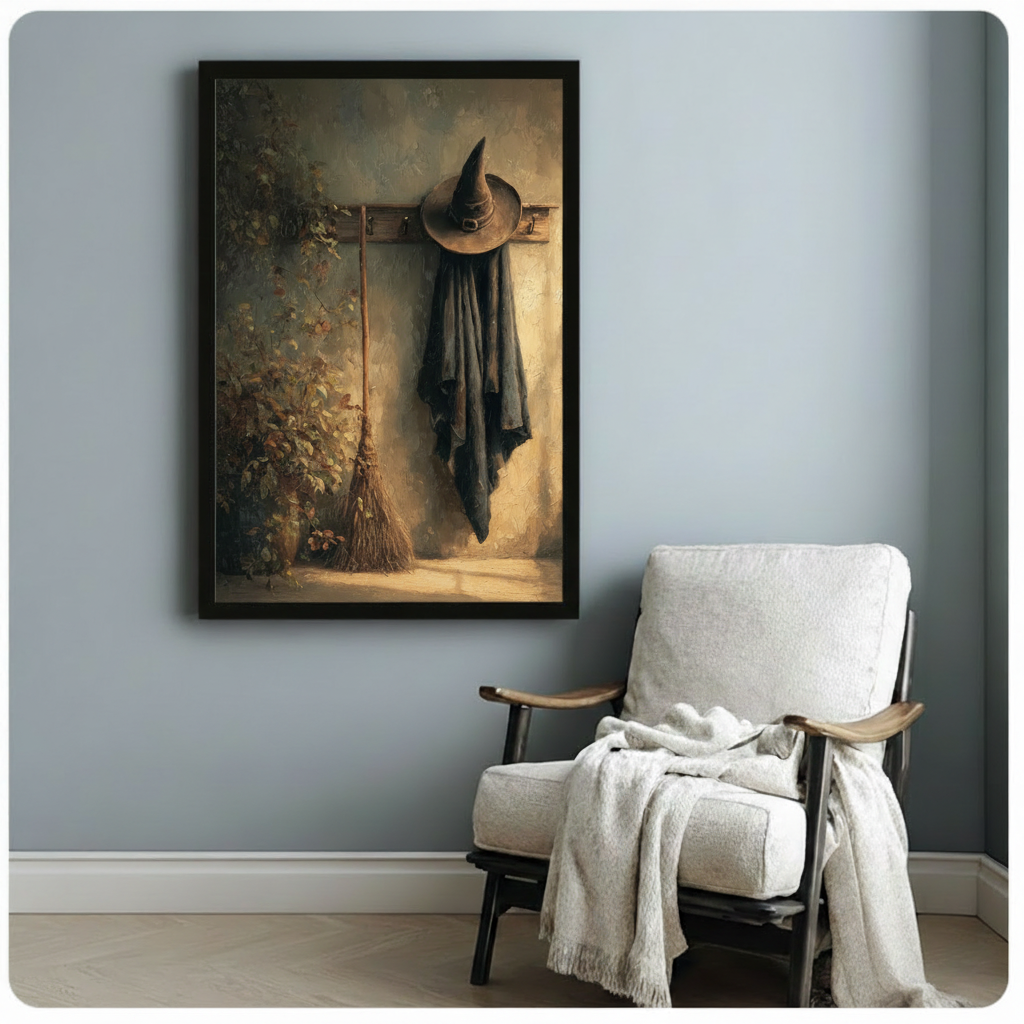 Witch hat canvas wall art hanging above a bed with white bedding and warm natural sunlight