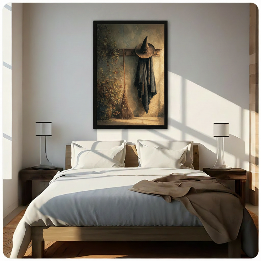 Witch hat canvas wall art held by hands, featuring a dark cloak, pointed hat, and rustic broom