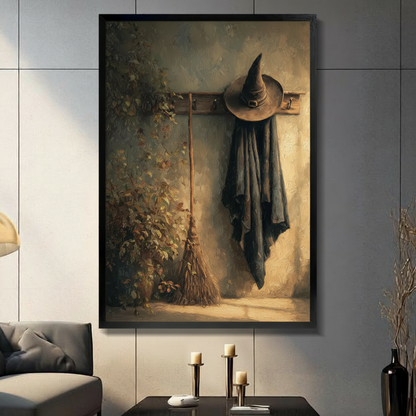 Witch hat canvas wall art displayed in a modern living room with candles and warm neutral decor