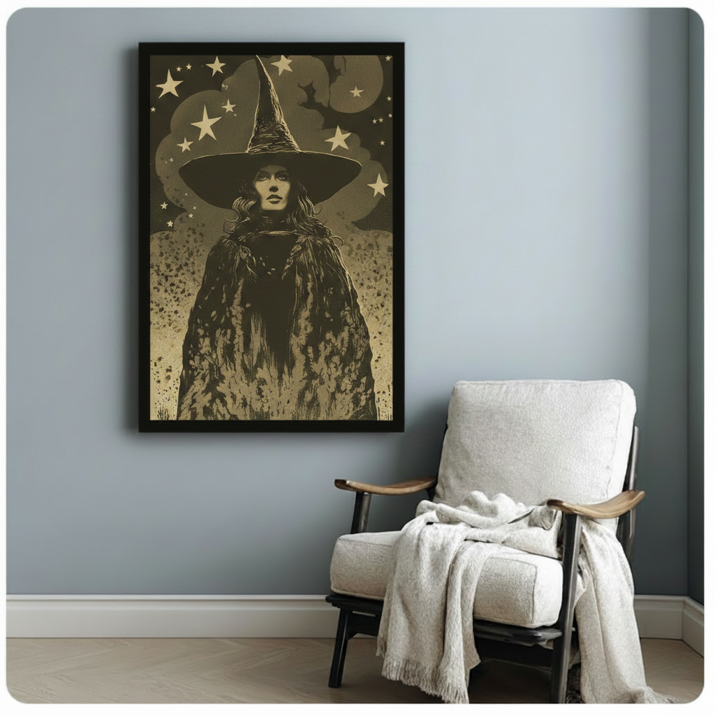 Vintage-style witch under starry night sky framed poster art beside cozy armchair in light blue room
