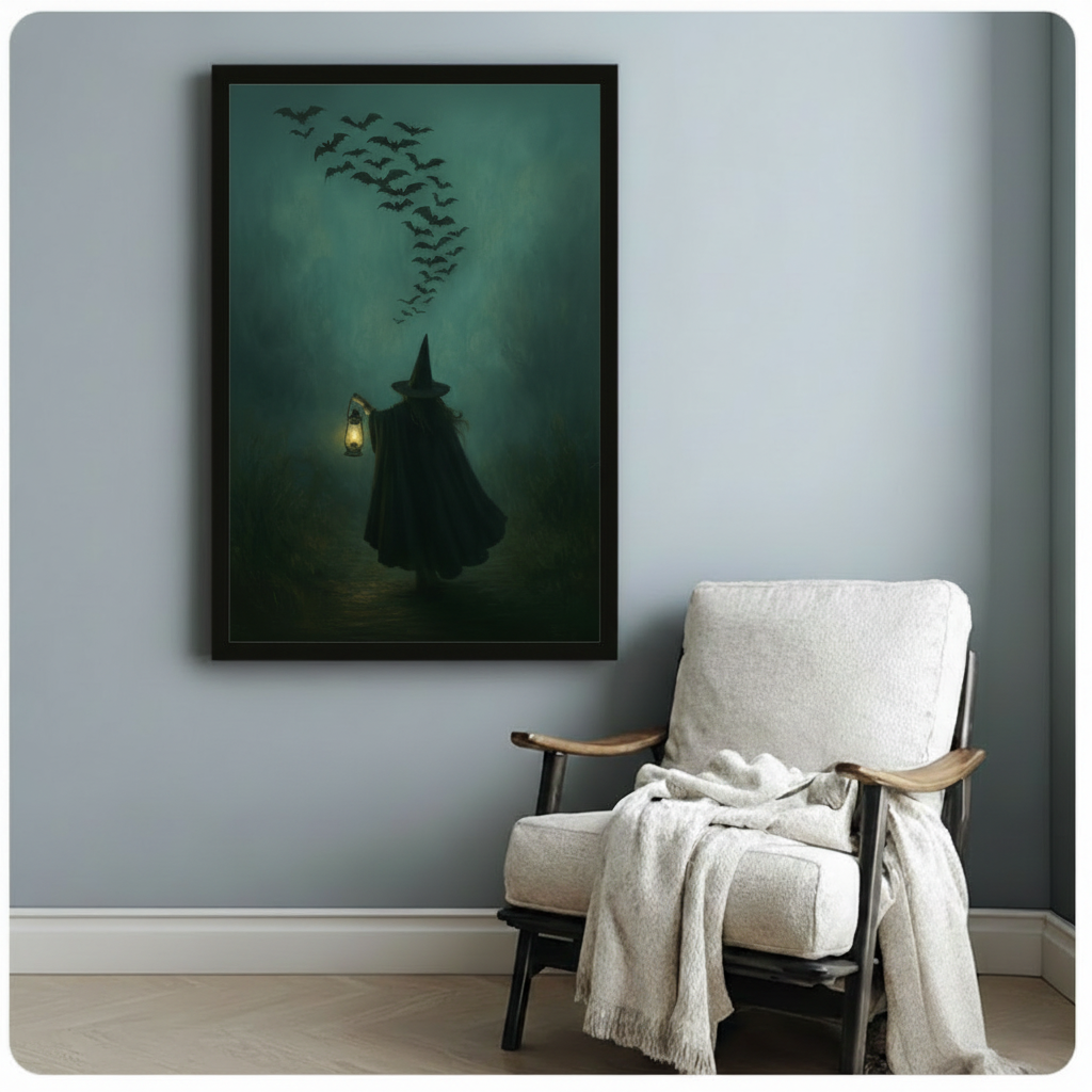 Black framed witch and bat flock art print on light gray wall beside a linen armchair, gothic Halloween home decor wall art