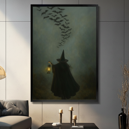 Framed gothic wall art print of a dark witch holding a glowing lantern with bats swirling above, displayed in a moody modern living room