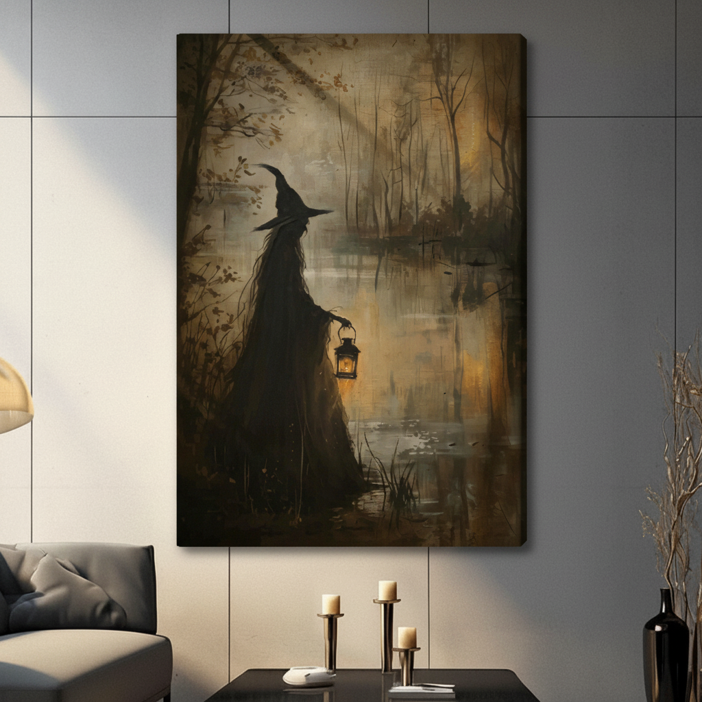 Gallery wrap canvas of a mysterious witch silhouette with pointed hat carrying a lantern beside a misty swamp gothic oil painting wall art