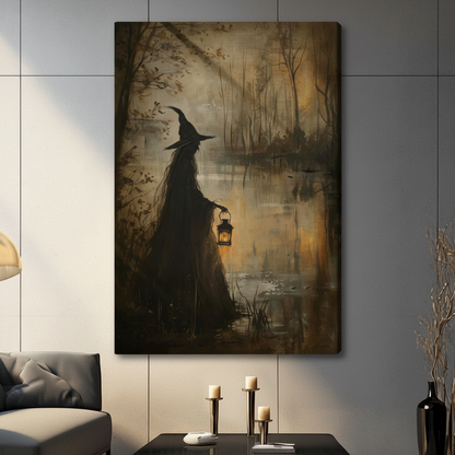 Gallery wrap canvas of a mysterious witch silhouette with pointed hat carrying a lantern beside a misty swamp gothic oil painting wall art
