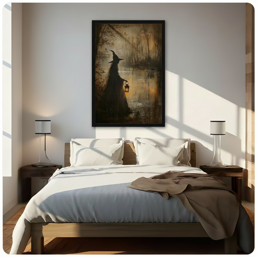Black framed gothic witch lantern swamp oil painting dark academia canvas wall art above a dark wood bed with white linen