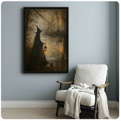 Black framed moody gothic witch lantern swamp oil painting dark academia canvas print hung above a white lounge chair