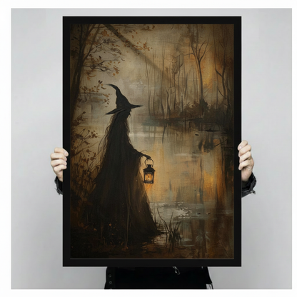 Hands holding black framed gothic witch silhouette lantern swamp canvas print dark oil painting wall art size display