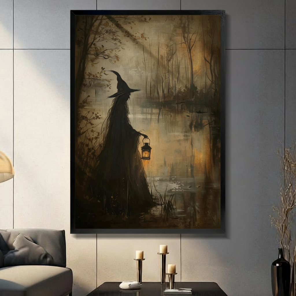 Black framed gothic witch silhouette holding a glowing lantern by a dark swamp oil painting dark academia canvas wall art in a gray living room