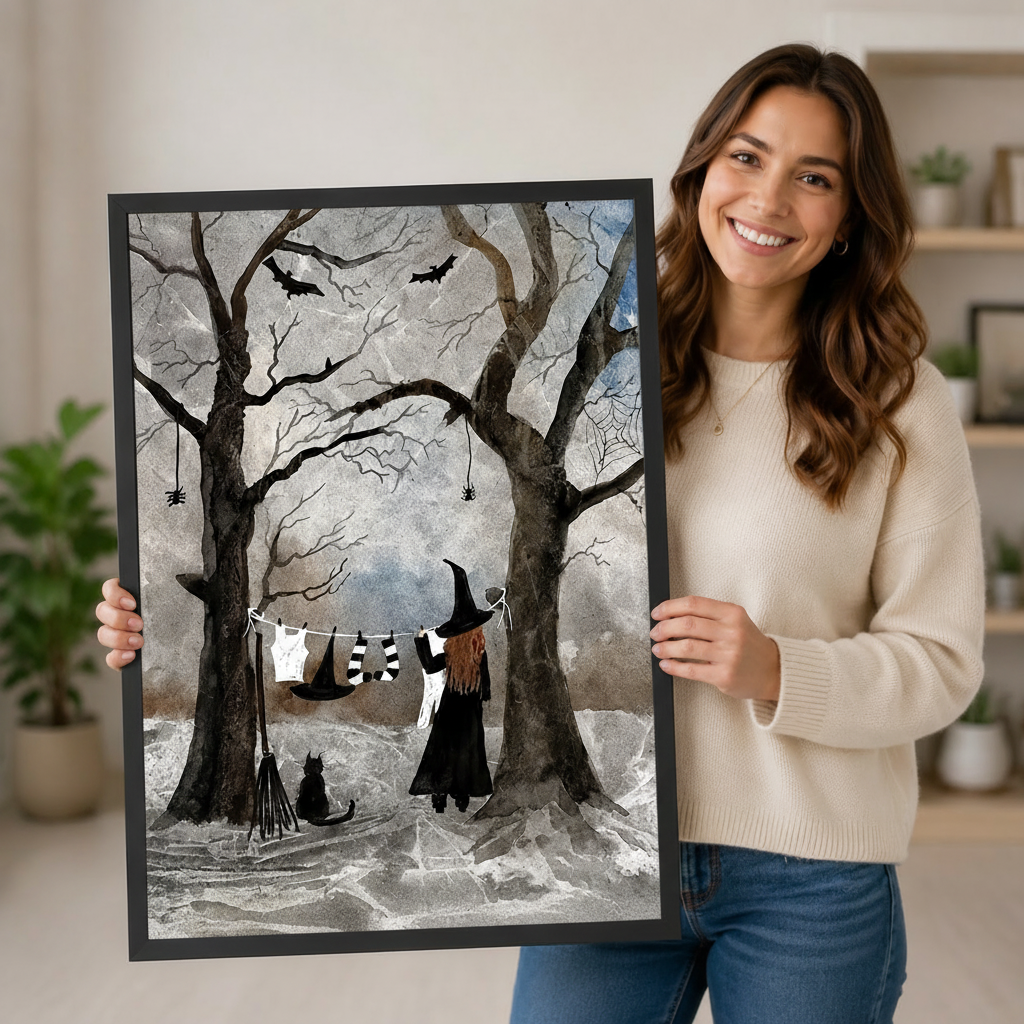 Woman holding large witch laundry day gothic forest art print showing size reference, spooky halloween wall art with bats spider webs and black cat silhouette
