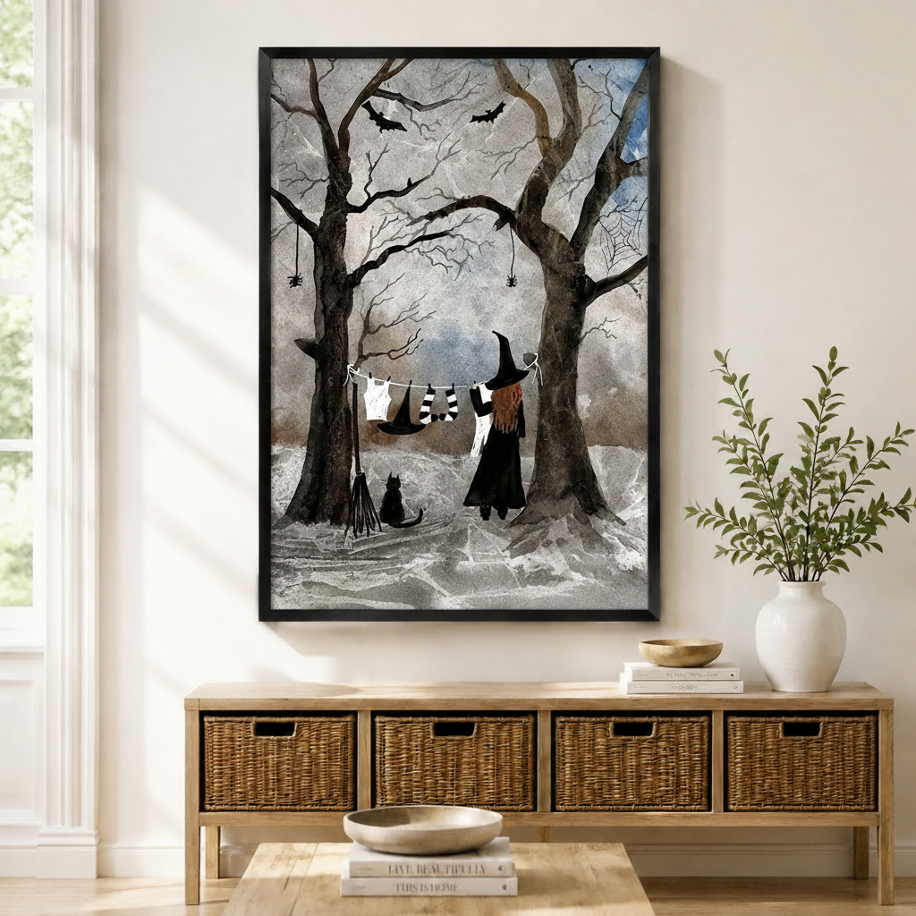 Witch hanging laundry in dark spooky forest framed wall art above a wicker basket sideboard, gothic halloween art print with black cat bats and spider webs